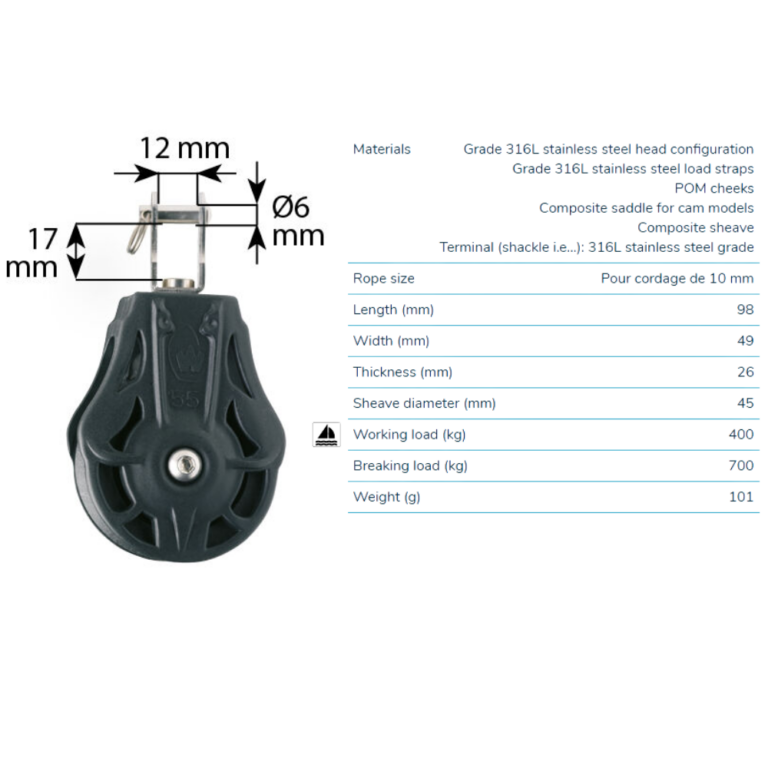 Wichard Single Plain Bearing Block 45mm with Swivel Clevis, for 10mm Rope Blocks & Snatch Blocks Cavo Yachting