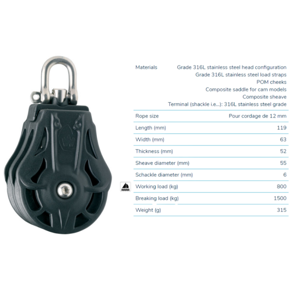 Wichard Double Block 55mm for 12mm Rope Blocks & Snatch Blocks Cavo Yachting