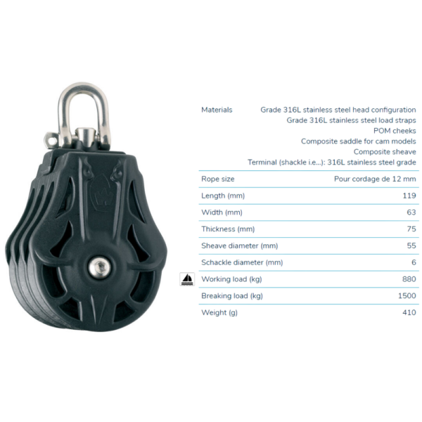 Wichard Triple Block 55mm for 12mm Rope Blocks & Snatch Blocks Cavo Yachting