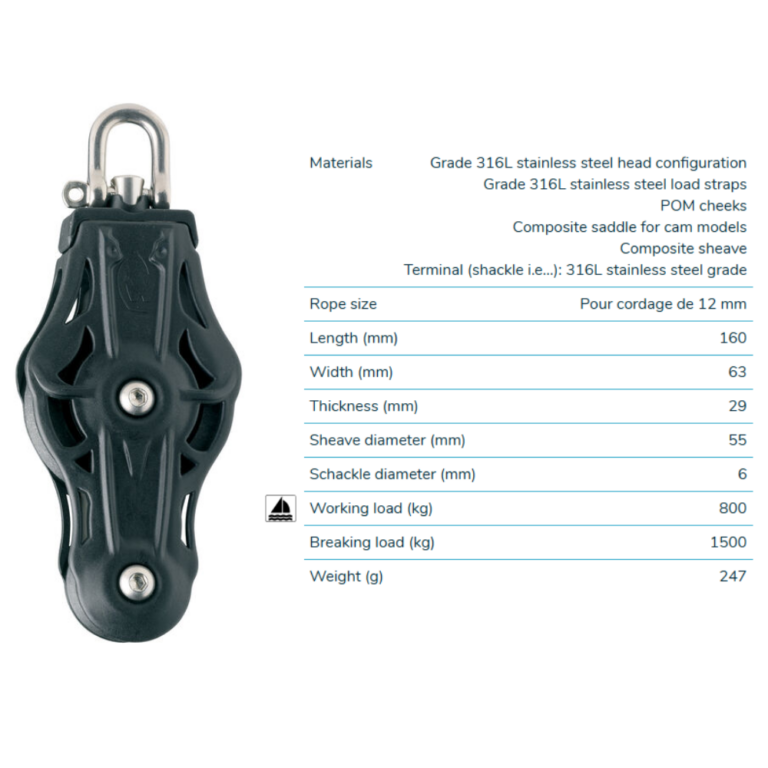 Wichard Fiddle Block 55mm for 12mm Rope Blocks & Snatch Blocks Cavo Yachting