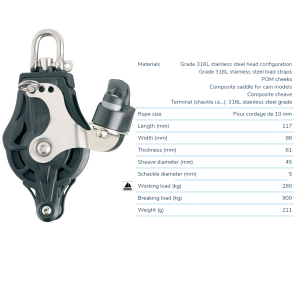 Blocks & Snatch Blocks Cavo Yachting Wichard Single Plain Bearing Block 45mm with Swivel Head, Becket & Cam, for 10mm Rope Wichard Single Plain Bearing Block 45mm with Swivel Head, Becket & Cam, for 10mm Rope Blocks & Snatch Blocks Cavo Yachting